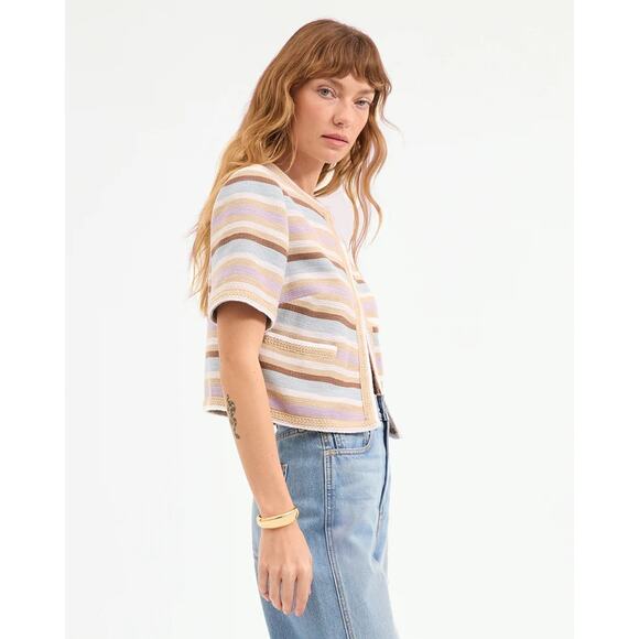 VERONICA BEARD Wyatt Khaki Multicolor Striped Short Sleeve Jacket - Picture 2 of 12